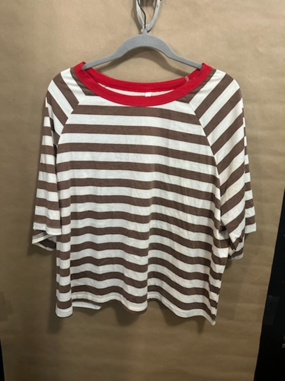 Women's Brown & White Striped Short Sleeve Top with Red Trim - Picture 2 of 4